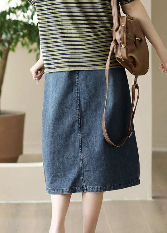 DIY Blue Pocket Elastic Waist Patchwork Wrinkle Denim Skirt Summer