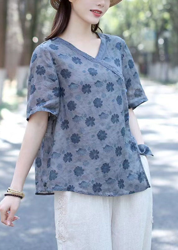 Blue Print Patchwork Linen Blouse Tops V Neck Short Sleeve