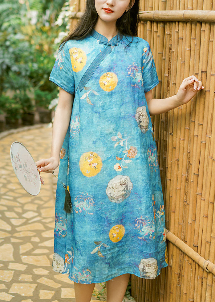 Blue Print Patchwork Linen Dress Stand Collar Short Sleeve