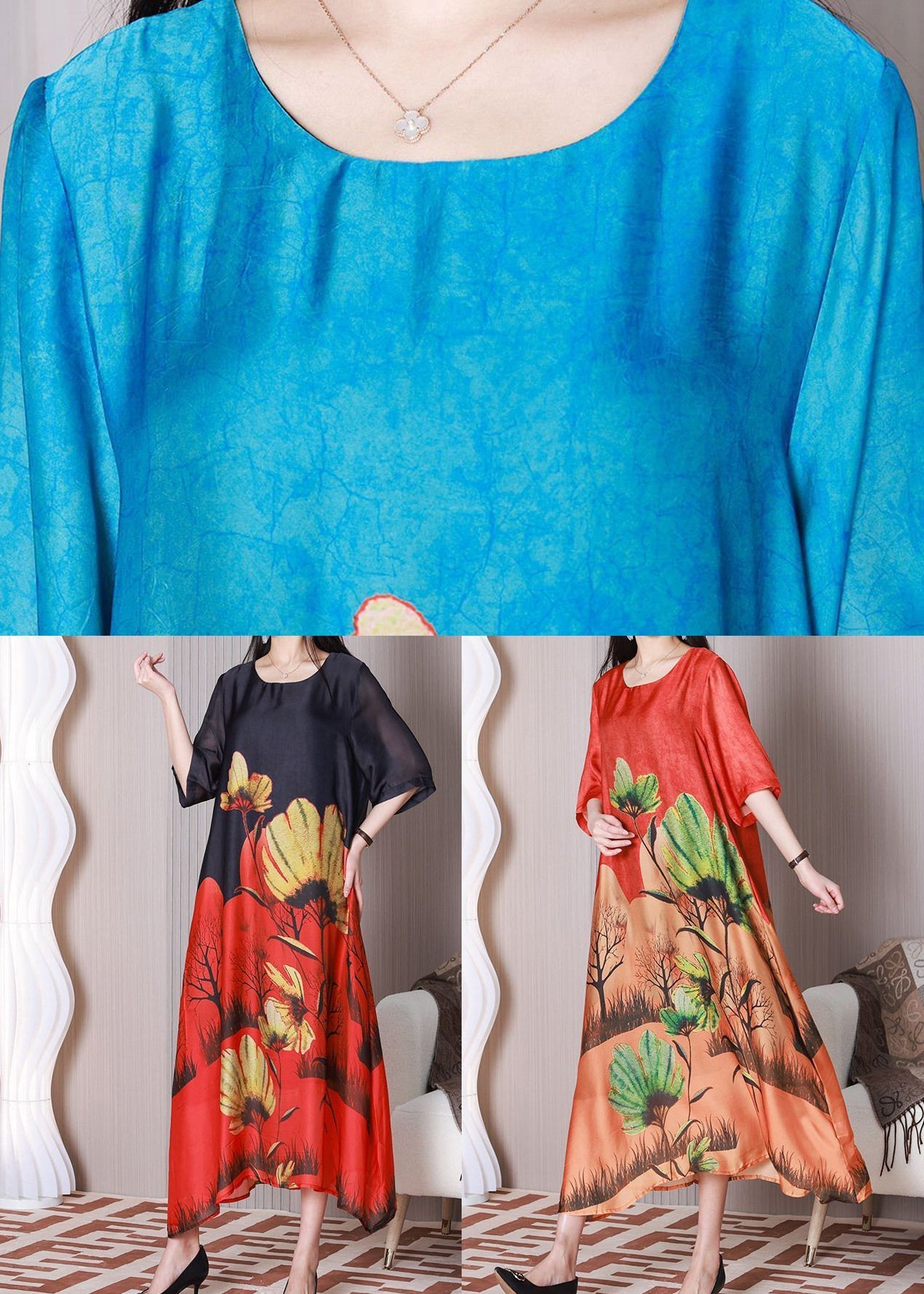 O-Neck Stylish Blue Printed Silk Half-Sleeve Holiday Dress