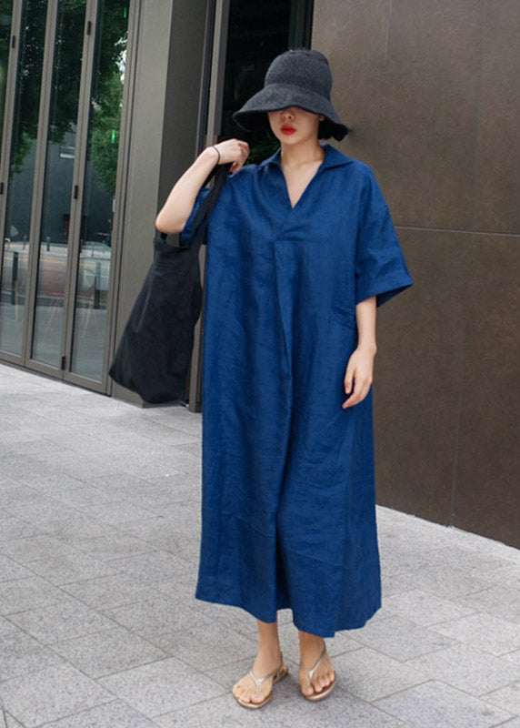 Blue Wrinkled Side Open Linen Dress Short Sleeve