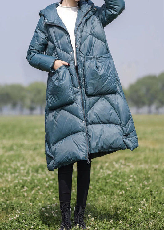 Blue Zippered Duck Down Down Coat Hooded Winter