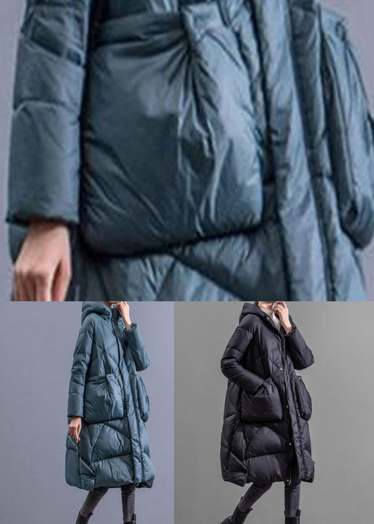 Blue Zippered Duck Down Down Coat Hooded Winter