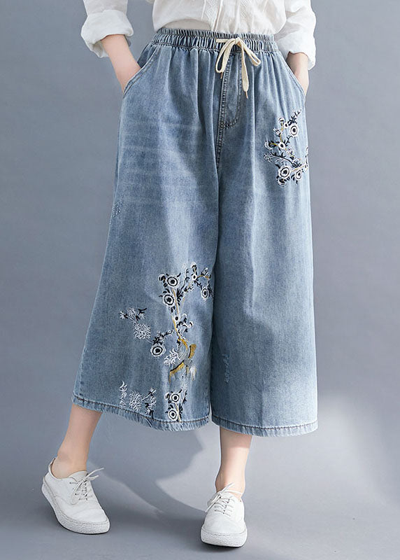 Bohemian Blue Pockets Patchwork Embroideried Wide Leg Denim Pants Summer