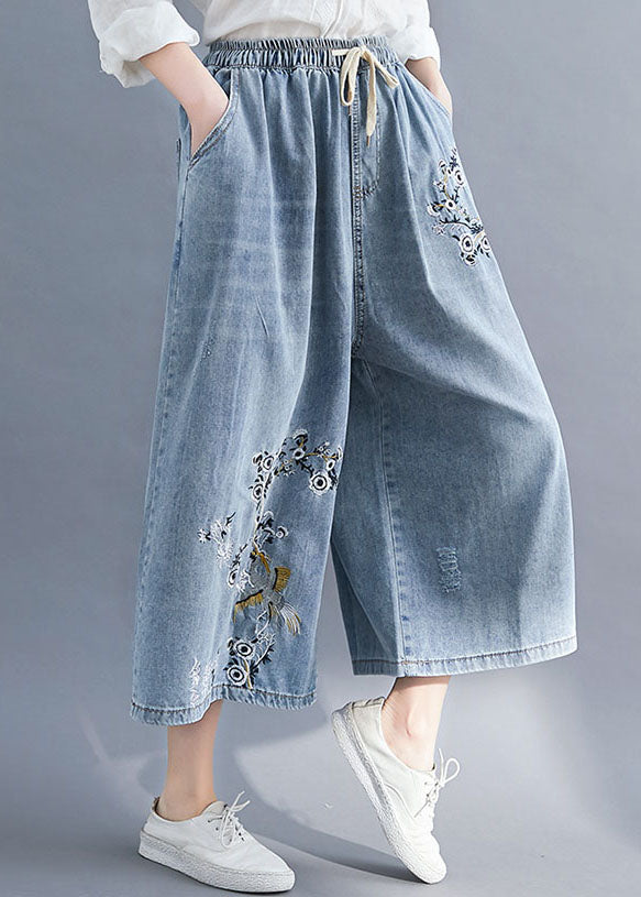 Bohemian Blue Pockets Patchwork Embroideried Wide Leg Denim Pants Summer