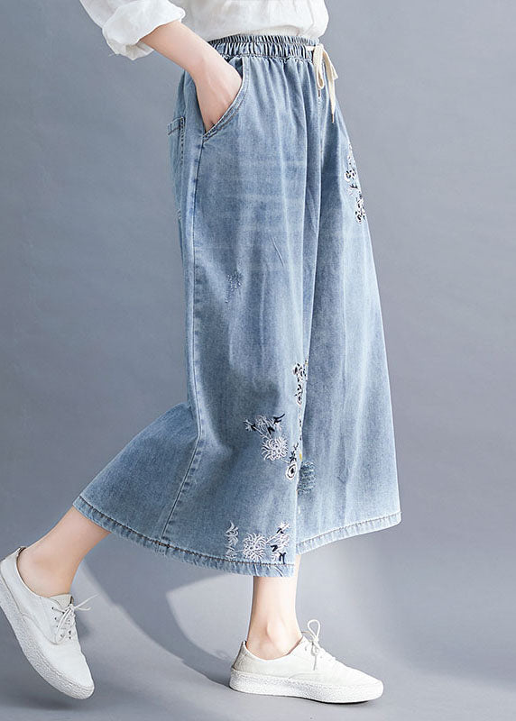 Bohemian Blue Pockets Patchwork Embroideried Wide Leg Denim Pants Summer