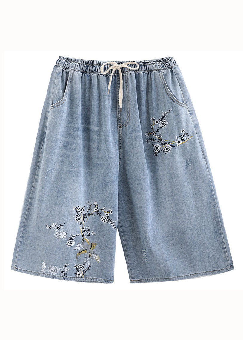 Bohemian Blue Pockets Patchwork Embroideried Wide Leg Denim Pants Summer