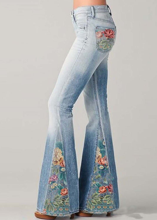 Bohemian Blue Patchwork Print High Waisted Denim Flared Pants Summer