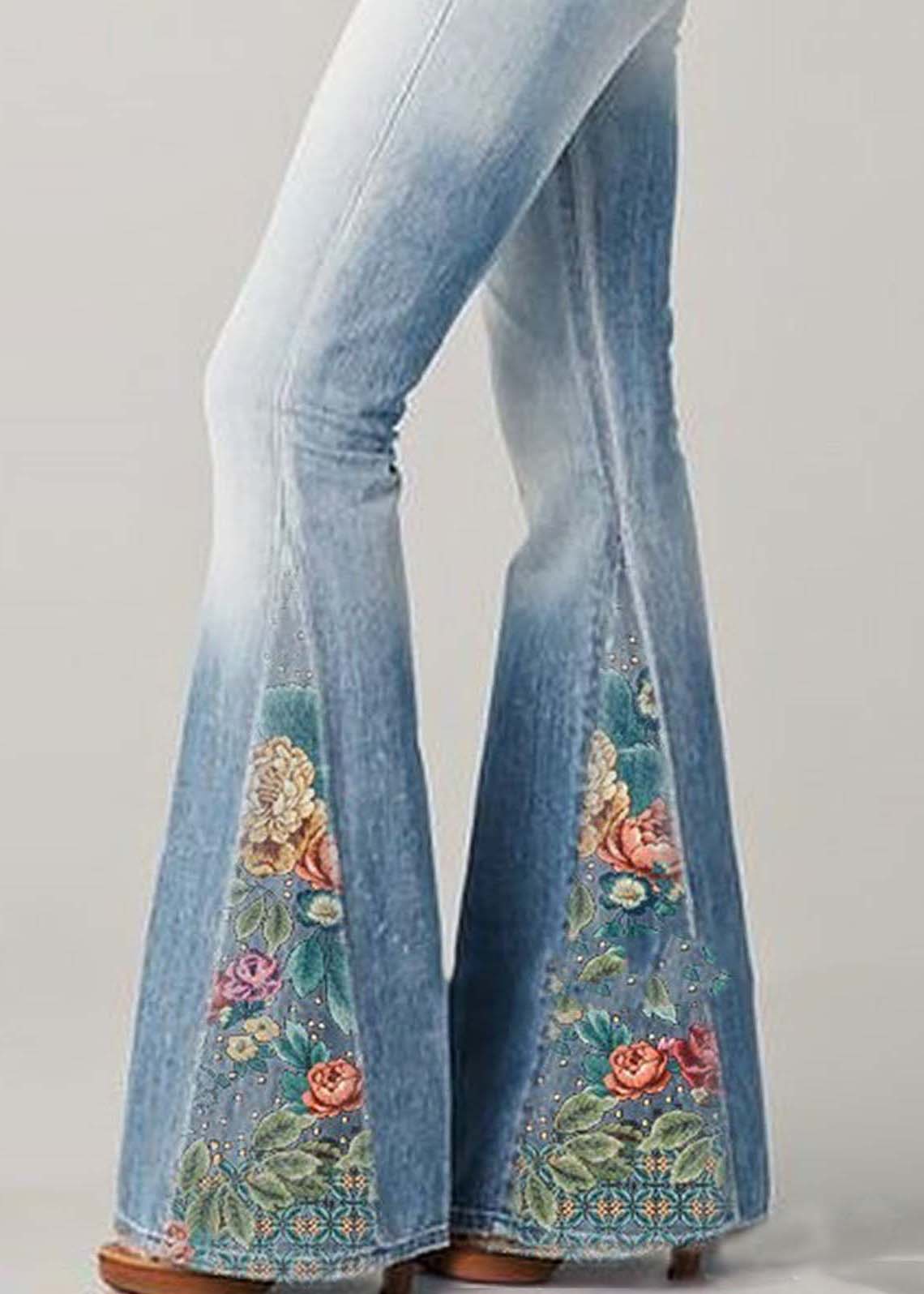 Bohemian Blue Patchwork Print High Waisted Denim Flared Pants Summer