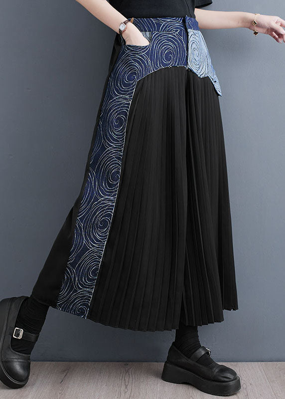 Bohemian Blue Pocket Wrinkle Denim Patchwork Wide Leg Cotton Pants Skirt Summer