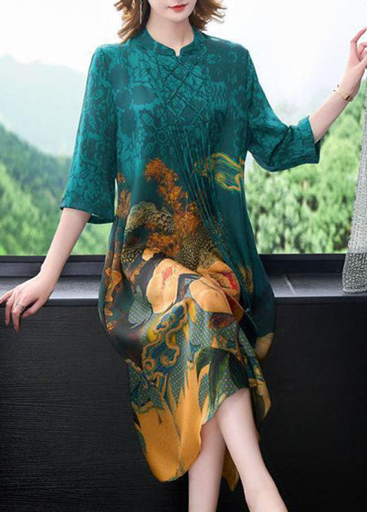 Bohemian Stand Collar Print Tassel Silk Blue Long Half Sleeve Dress