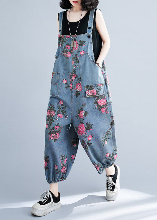 Bohemian Light Blue Printed Pockets Oversized Denim Jumpsuits Summer