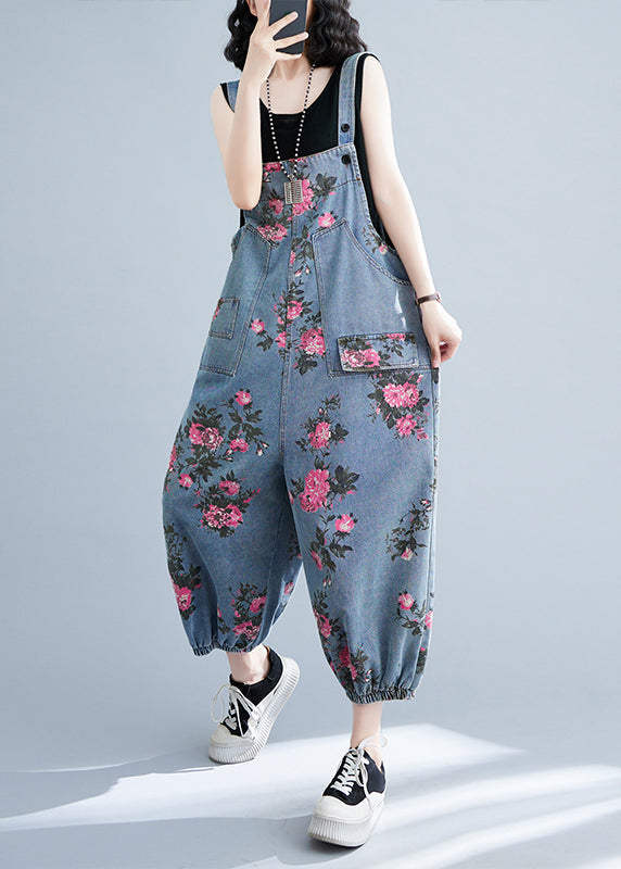 Bohemian Light Blue Printed Pockets Oversized Denim Jumpsuits Summer