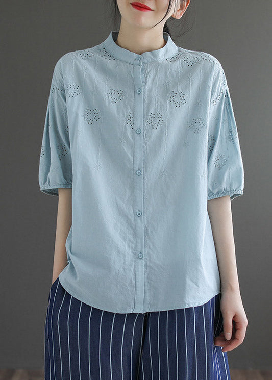 Bohemian Light Blue Stand Collar Embroideried Button Cotton Shirt Half Sleeve