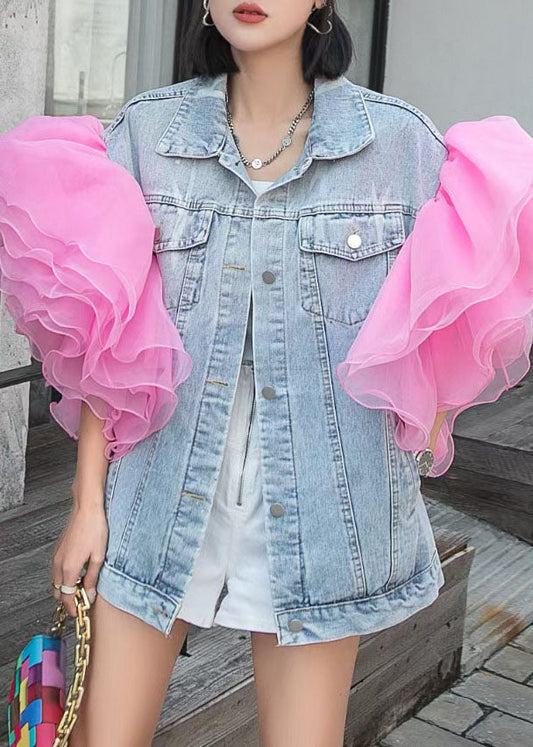 Bohemian Light Blue Patchwork Tulle Ruffle Denim Top Summer