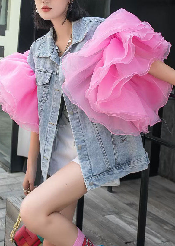 Bohemian Light Blue Patchwork Tulle Ruffle Denim Top Summer