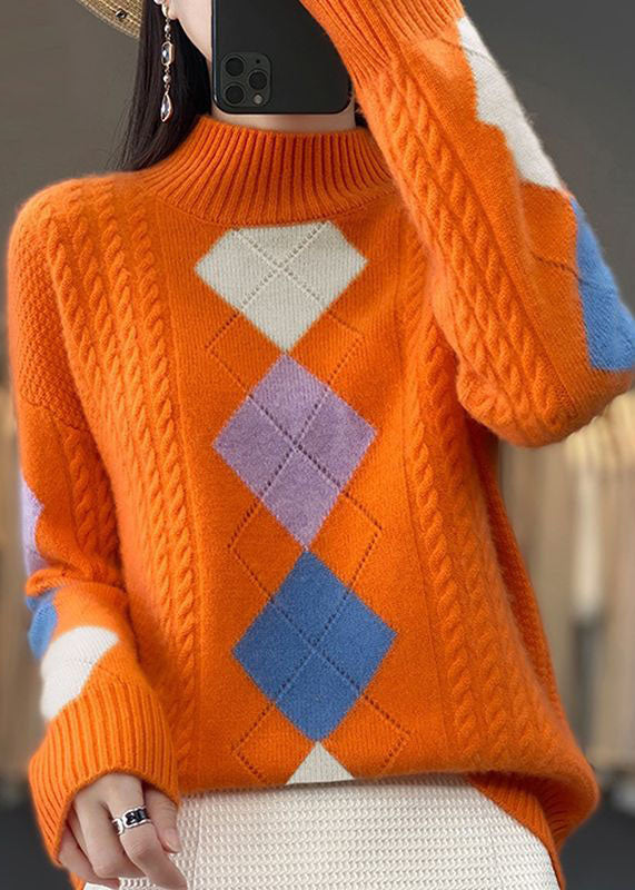 Bohemian Orange High Neck Print Chunky Knit Sweater Tops Winter