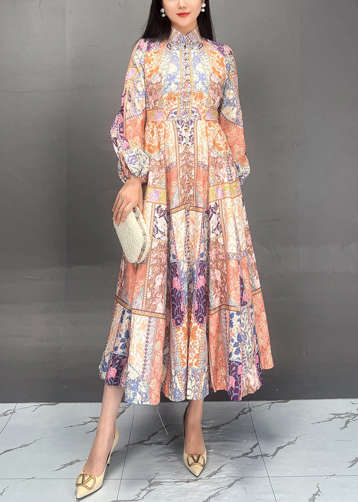 Bohemian Stand Collar Print Cotton Long Dress Fall