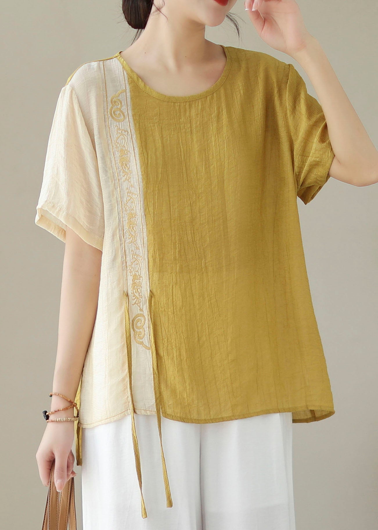 Yellow Patchwork Embroidered Cotton Blouses Lace-Up Summer