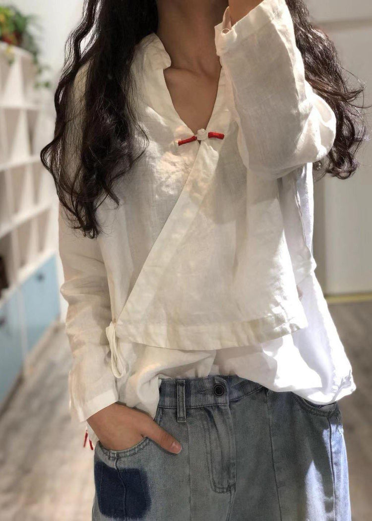 Bohemian white linen Blouse v neck fall top