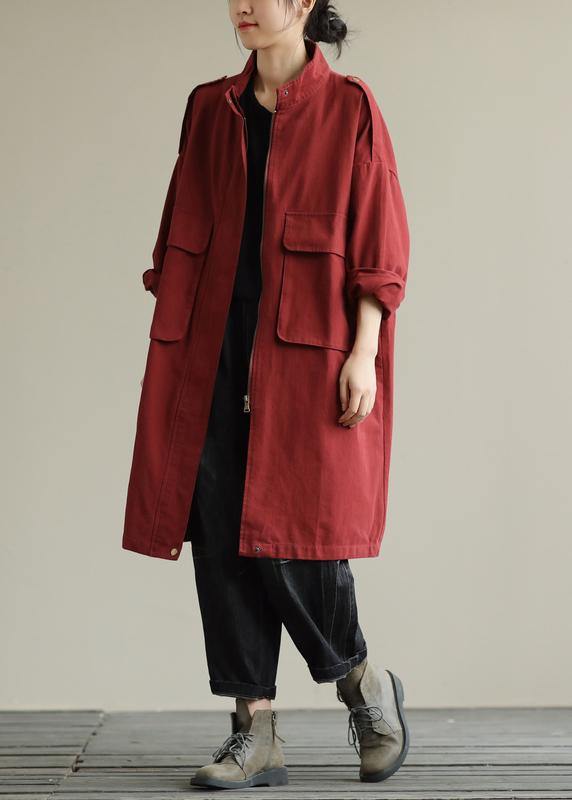 Bohemian Style Zipper Pocket Autumn Coat Red Loose Women's Coat