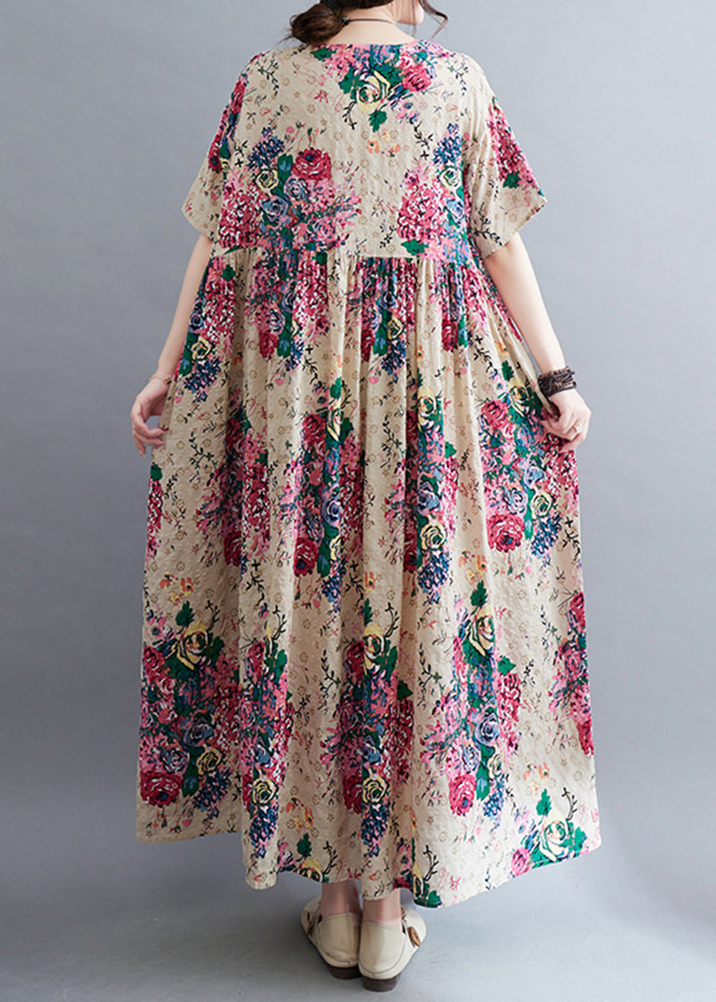 Boho Apricot Floral Oversized Hem Cotton Holiday Dress Summer