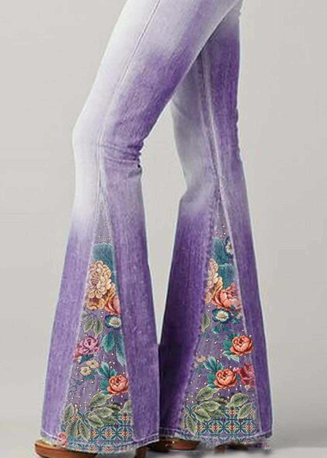 Bohemian Blue Patchwork Print High Waisted Denim Flared Pants Summer