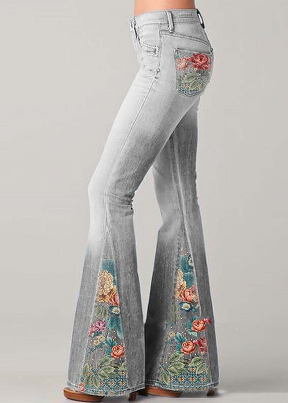 Bohemian Blue Patchwork Print High Waisted Denim Flared Pants Summer