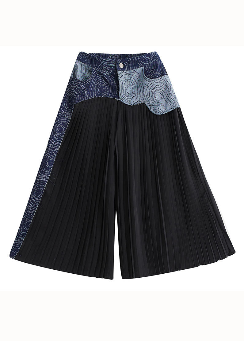 Bohemian Blue Pocket Wrinkle Denim Patchwork Wide Leg Cotton Pants Skirt Summer