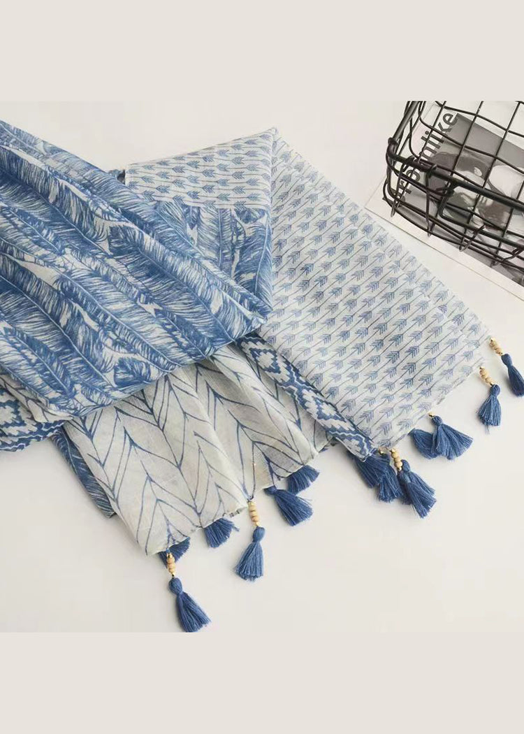 Bohemian Blue Tasseled Print Cotton Scarf