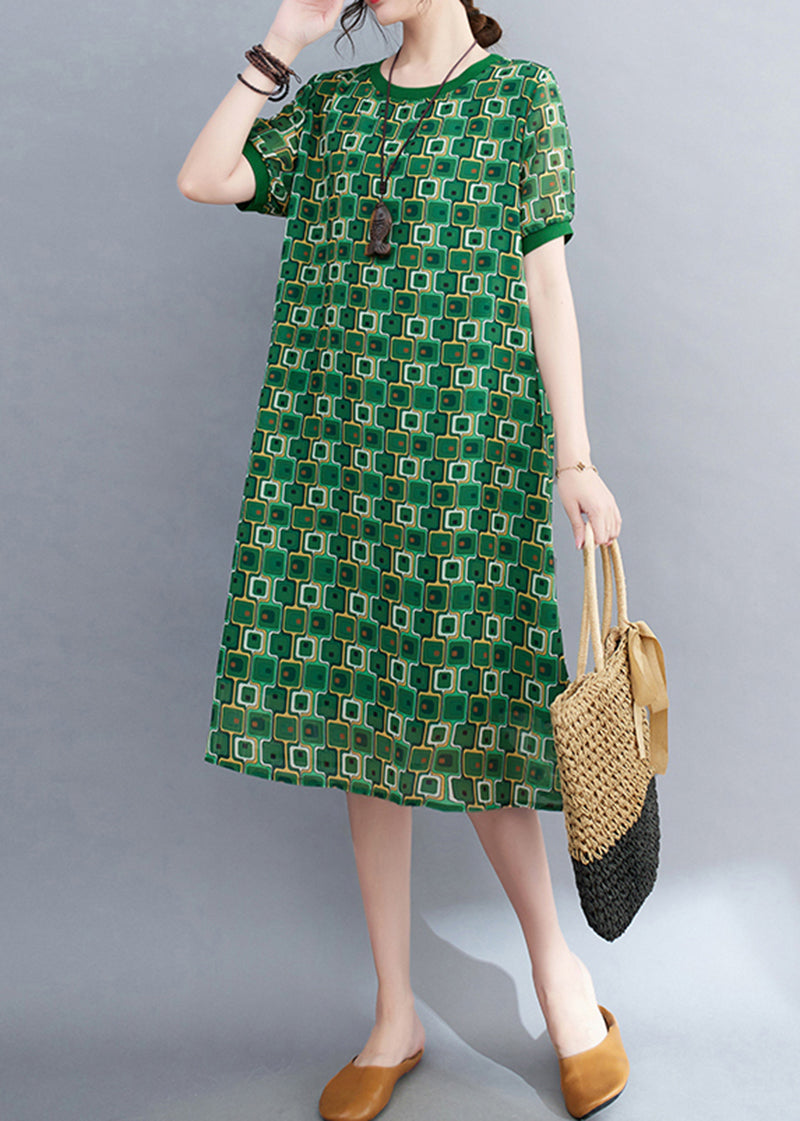 Holiday Ladies Green Printed Draped Chiffon Dress Summer