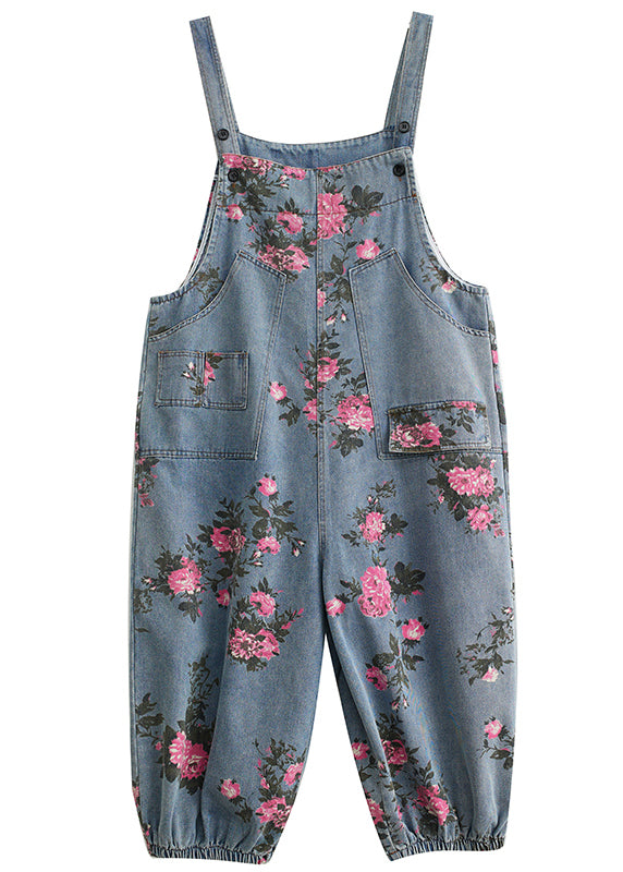 Bohemian Light Blue Printed Pockets Oversized Denim Jumpsuits Summer