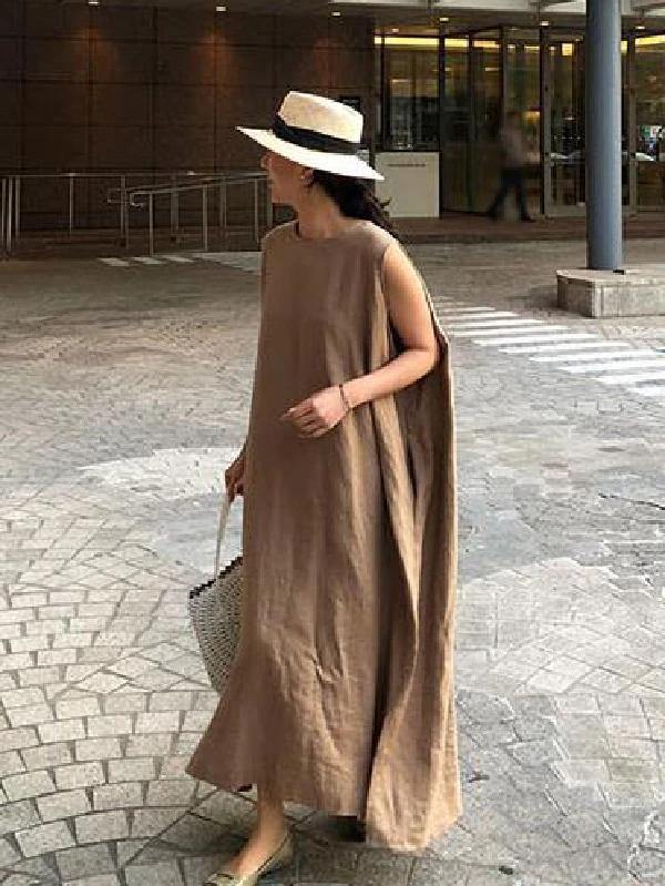 Bohemian O Neck Side Open Linen Cotton Clothes Fabrics Khaki Dress