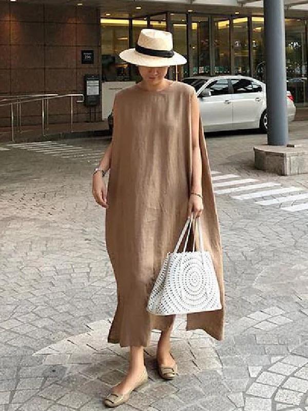 Bohemian O Neck Side Open Linen Cotton Clothes Fabrics Khaki Dress