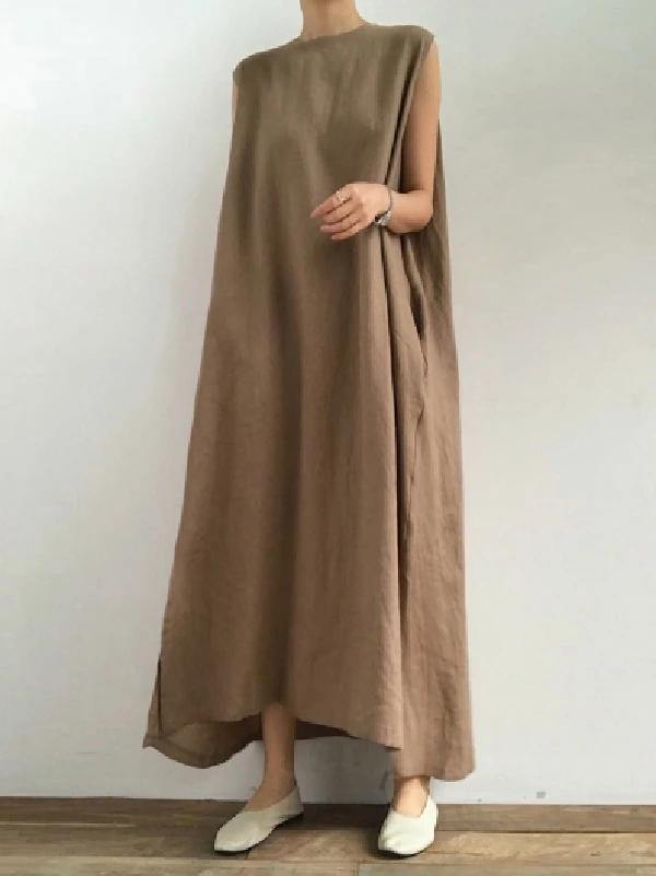 Bohemian O Neck Side Open Linen Cotton Clothes Fabrics Khaki Dress