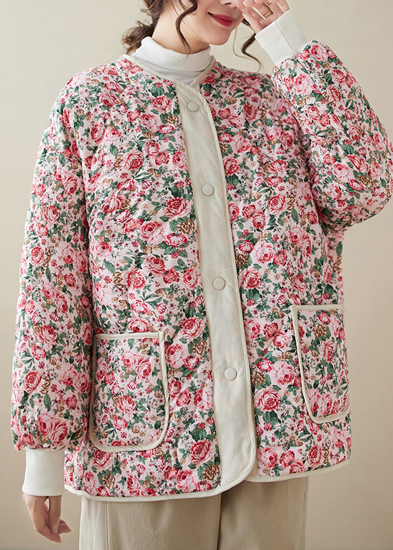 Bohemian Pink Pockets Print Plus Size Fine Cotton Filled Jacket Winter