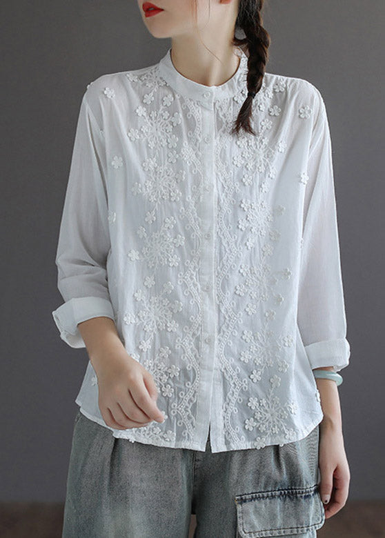 Bohemian White Stand Collar Embroideried Floral Button Solid Cotton Shirt Long Sleeve