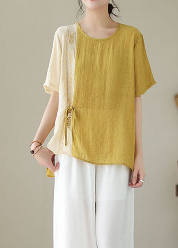 Yellow Patchwork Embroidered Cotton Blouses Lace-Up Summer