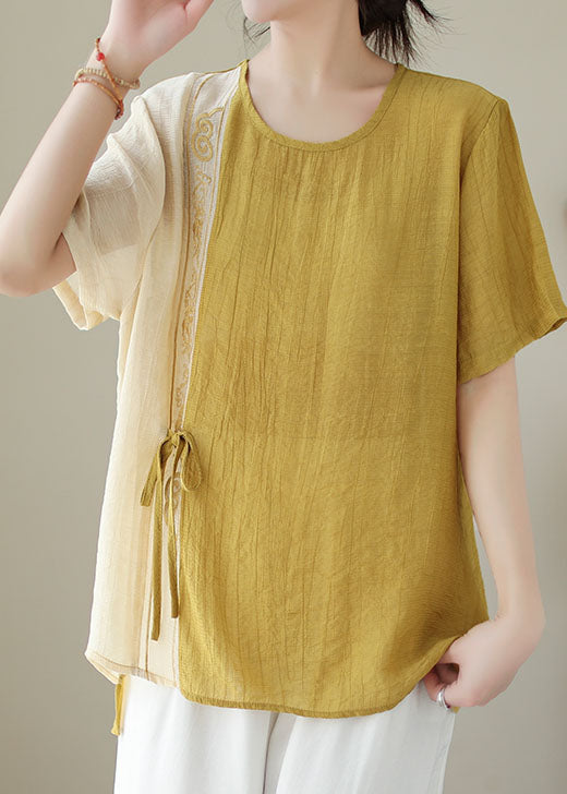 Yellow Patchwork Embroidered Cotton Blouses Lace-Up Summer