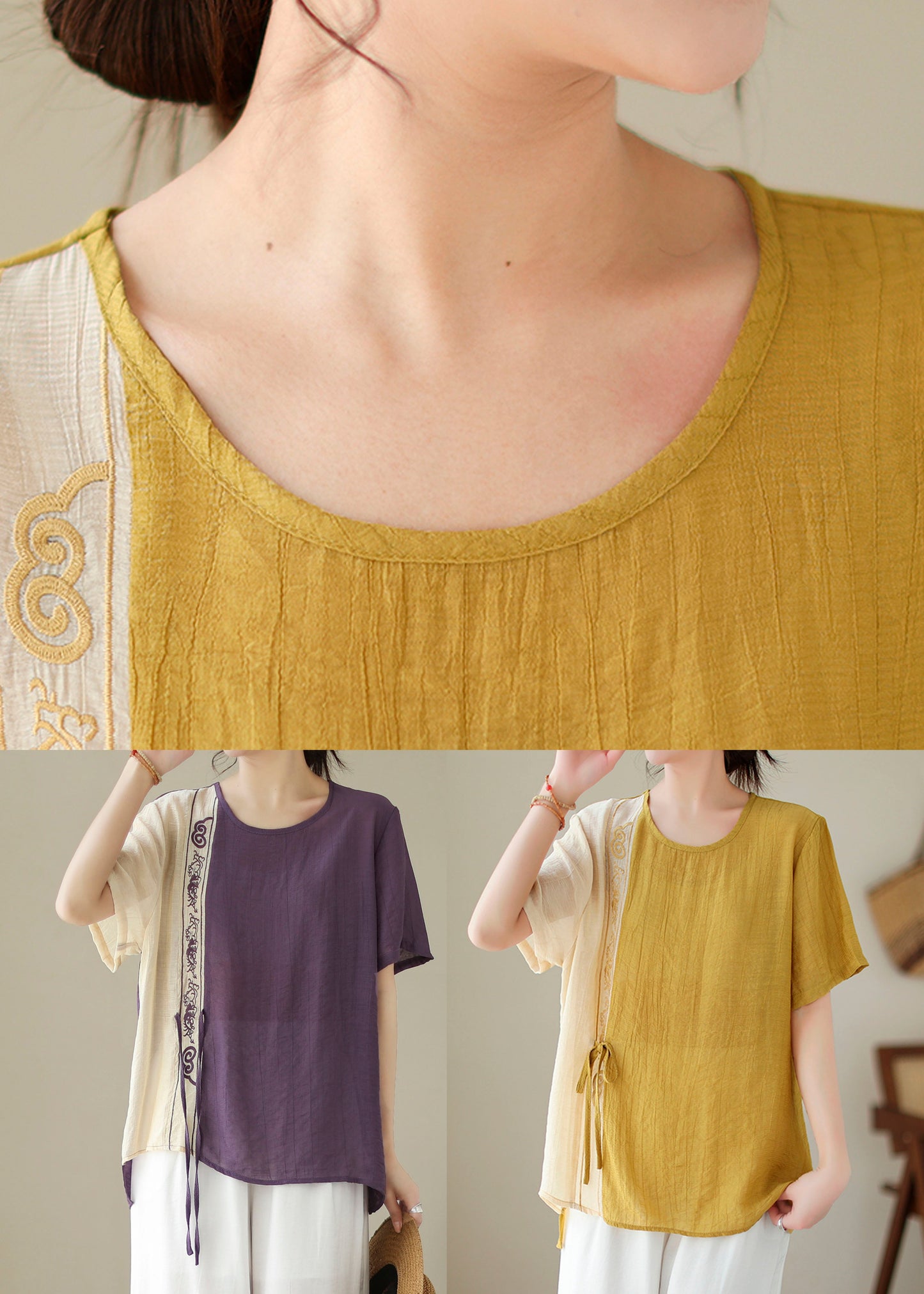 Yellow Patchwork Embroidered Cotton Blouses Lace-Up Summer