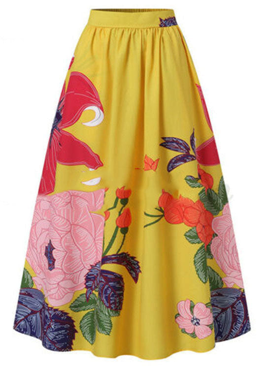 Bohemian Yellow High Waist Pockets Floral Print Cotton A Line Skirt Summer