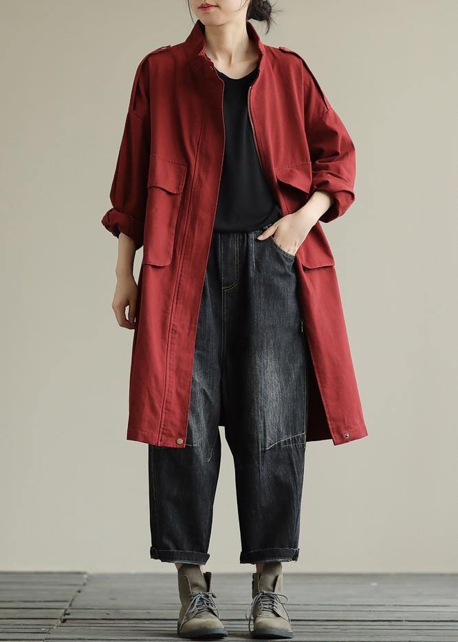 Bohemian Style Zipper Pocket Autumn Coat Red Loose Women's Coat