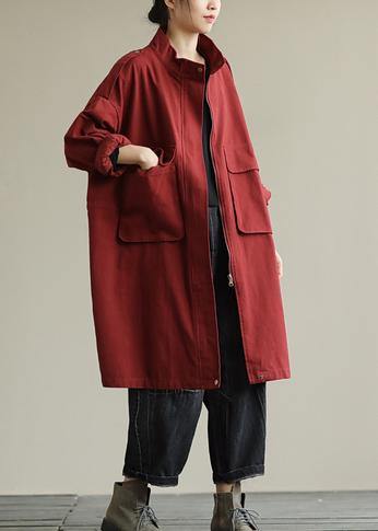 Bohemian Style Zipper Pocket Autumn Coat Red Loose Women's Coat