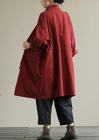 Bohemian Style Zipper Pocket Autumn Coat Red Loose Women's Coat