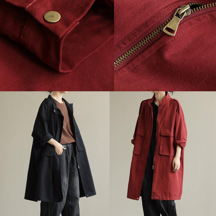 Bohemian Style Zipper Pocket Autumn Coat Red Loose Women's Coat