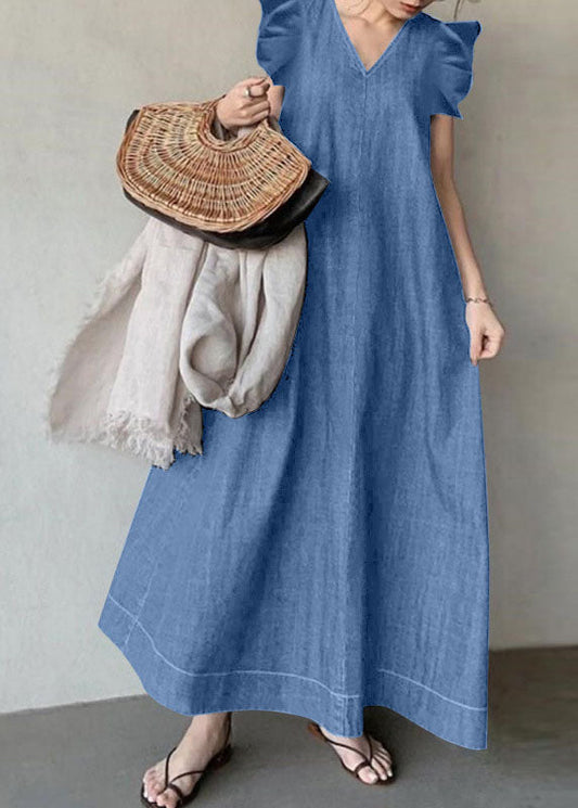 V Neck Boho Baby Blue Ruffle Patchwork Denim Dress Summer