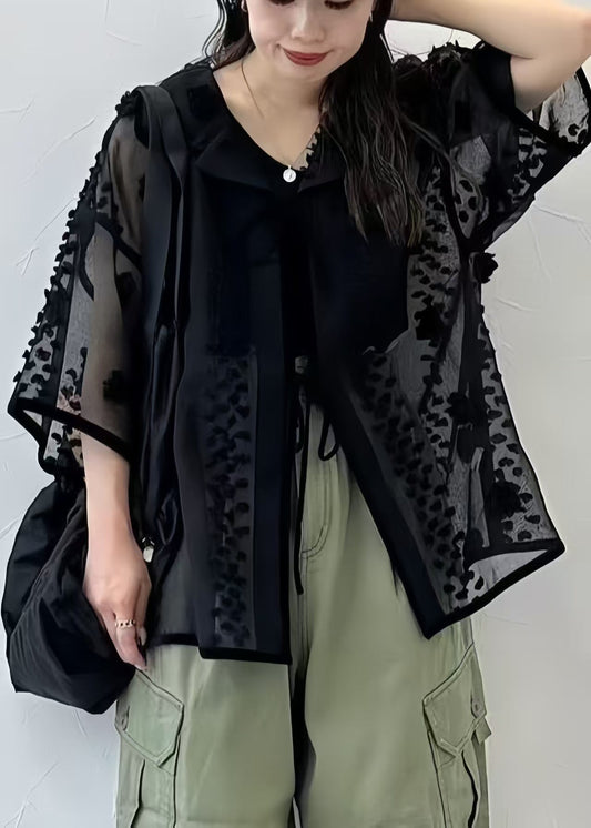 Boho Black Jacquard Tulle Sheer Tops Summer