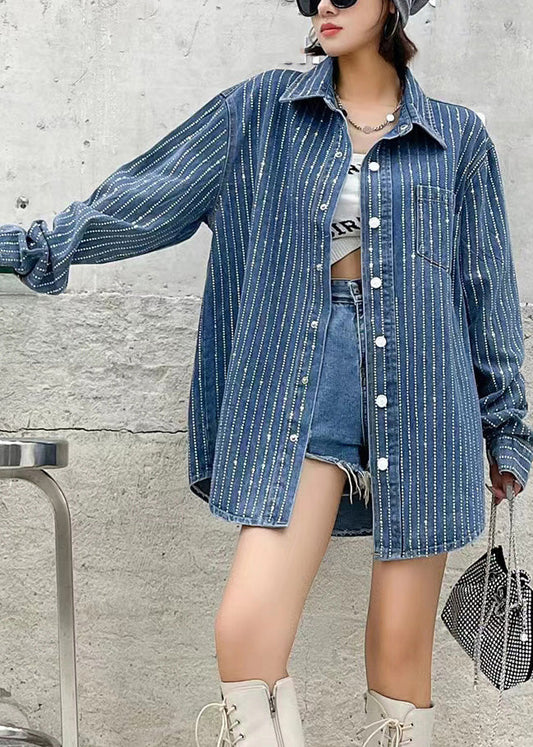 Bohemian Dark Blue Patchwork Peter Pan collar solid color denim Coats autumn