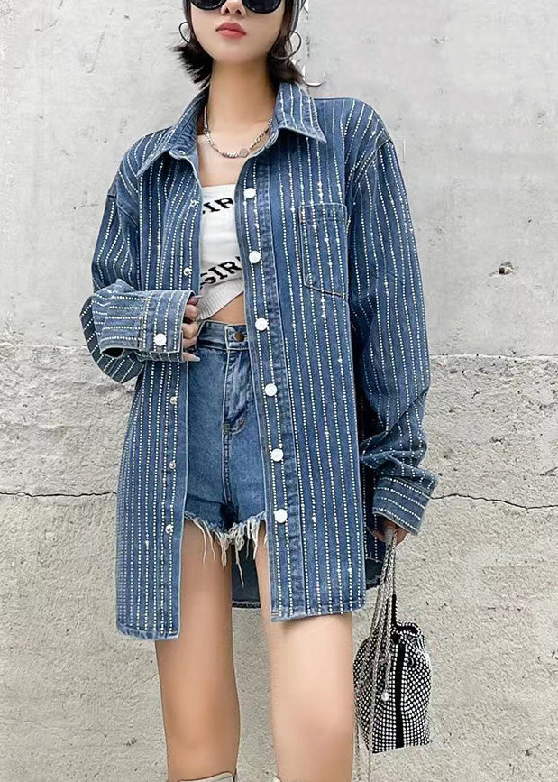 Bohemian Dark Blue Patchwork Peter Pan collar solid color denim Coats autumn