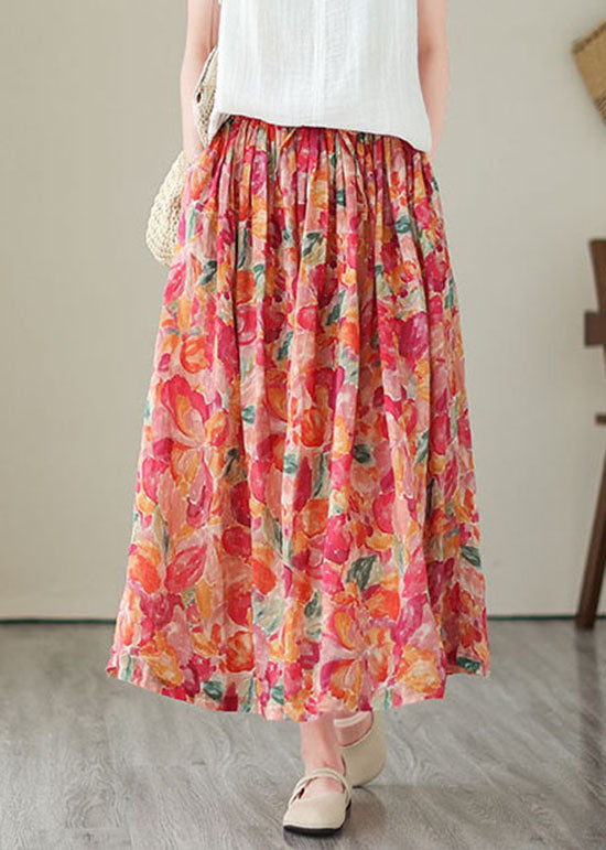 Boho Floral Patchwork Pocket Wrinkled Elastic Waist Linen Skirt Summer